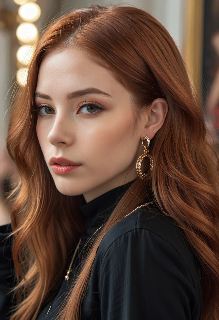 hyper realistic,,aqheodd, realistic style, a woman with long hair and a black shirt, 1girl, solo, long hair, looking at viewer, red hair, brown hair, jewelry, earrings, parted lips, blurry, lips, portrait, hoop earrings, realistic, highly detailed, sharp focus, handsome background, beautiful, elegant, intricate, artisti