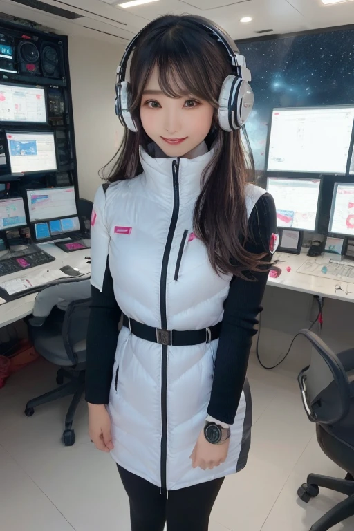 masterpiece, Highest quality, Very detailed, 8K Portrait,Japanese Android Girl,plump , Control panel,Robotic arms and legs, Blunt bangs,,break (Metallic Gray, Metallic luster, Mirror finish, Astro Best):5,headphone:5,break (Black sleeves):100,Smart Watches,Futuristic space station,Control Room,break headphone,blue eyes,(Black Hair):2,(Long Hair):1.3,Displaying the viewer,(respirator),break blush:3,Hidden Hand,smile