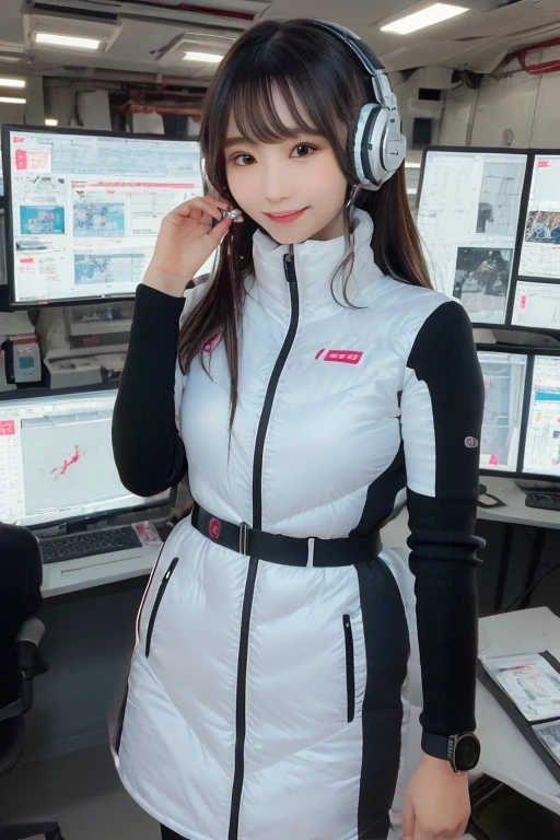 masterpiece, Highest quality, Very detailed, 8K Portrait,Japanese Android Girl,plump , Control panel,Robotic arms and legs, Blunt bangs,,break (Metallic Gray, Metallic luster, Mirror finish, Astro Best):5,headphone:5,break (Black sleeves):100,Smart Watches,Futuristic space station,Control Room,break headphone,blue eyes,(Black Hair):2,(Long Hair):1.3,Displaying the viewer,(respirator),break blush:3,Hidden Hand,smile