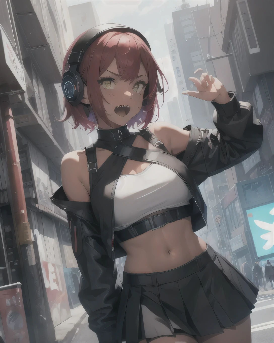 masterpiece, best quality, tall, clearire2, 1girl, Sister Cleaire, Only, cyber style girl, cyberpunk, short hair, tan skin freckles, open sexy clothes, black skirt, Black stockings, long sleeves, chest harness, black shirt, two sides up, bangs, crop top, miniskirt, Shoes, futuristic headphone, O-Ring, midriff, red hair, blue and yellow eyes, off shoulder, big breasts, thigh strap, pleated skirt, eye braces, perfect eyes, cropped shirt, street, ((sharp teeth, open mouth wide)), standing
