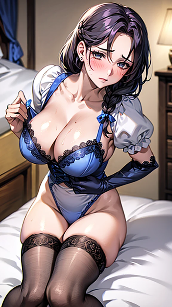 charm,y,Married Woman,Side braids,black hair,blush,Shy,Lipstick,Wear earrings on one side,stockings,Large Breeavage,Cbedroom,Irk all around,Sweat,Blue lace,Blue lace,Blue lace gloves,bite