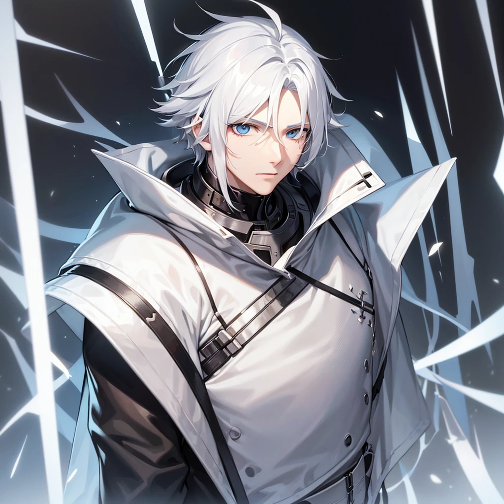 male character. naughty man. white hair. golden colored eyes. black clothing. Futuristic Setting. cold and cautious face