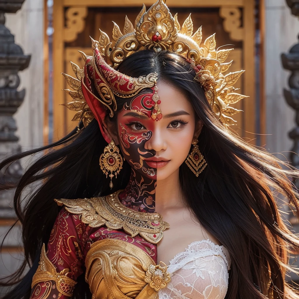 original photo of an Indonesian woman wearing a modern Balinese kebaya and long flowing hair with the woman's face on one side of a devil and on the other side a beautiful face dancing Balinese dances. Balinese temple background, face facing forward