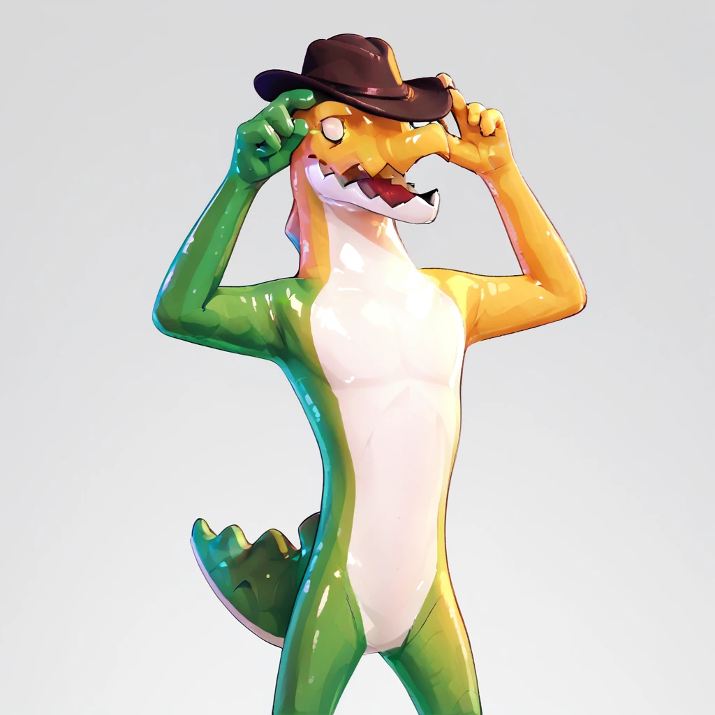 (((Detailed anatomy, detailed eyes, detailed body detailed face, best quality, detailed shading, high resolution))), solo, 1male, Gummigoo, gummy alligator, brown cowboy hat, adult body, muscle body, yellow top gummy body, green low gummy body, tail, white eyes, humping butt, butt, on the white background, by Buta99, by Zackary911