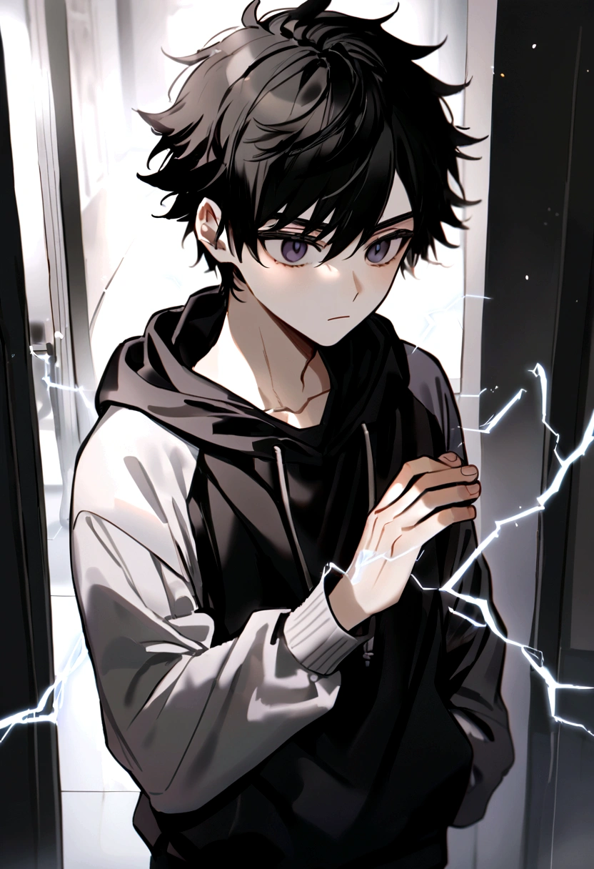 Man Long black hair black and white sweatshirt with electricity on his body