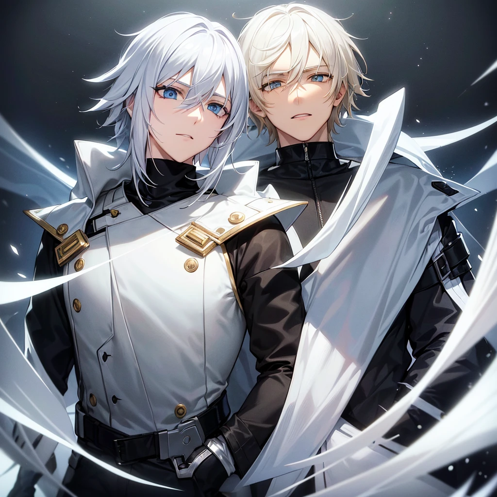 male character. naughty man. white hair. golden colored eyes. black clothing. Futuristic Setting. cold and cautious face