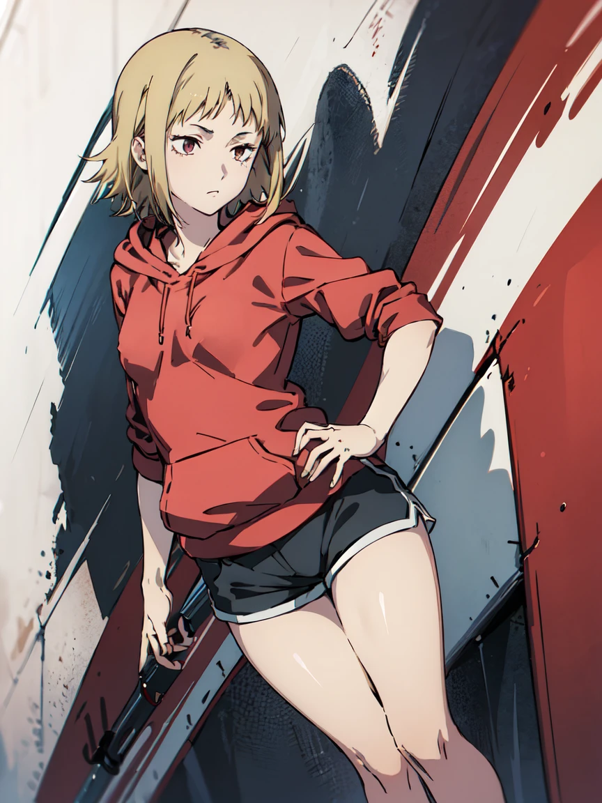 ((Highest quality)), ((masterpiece)), (be familiar with),Akane Sawatari,((Small breasts)),Pointy nipples,Tattoo of the uterus, Red hoodie,Shorts
