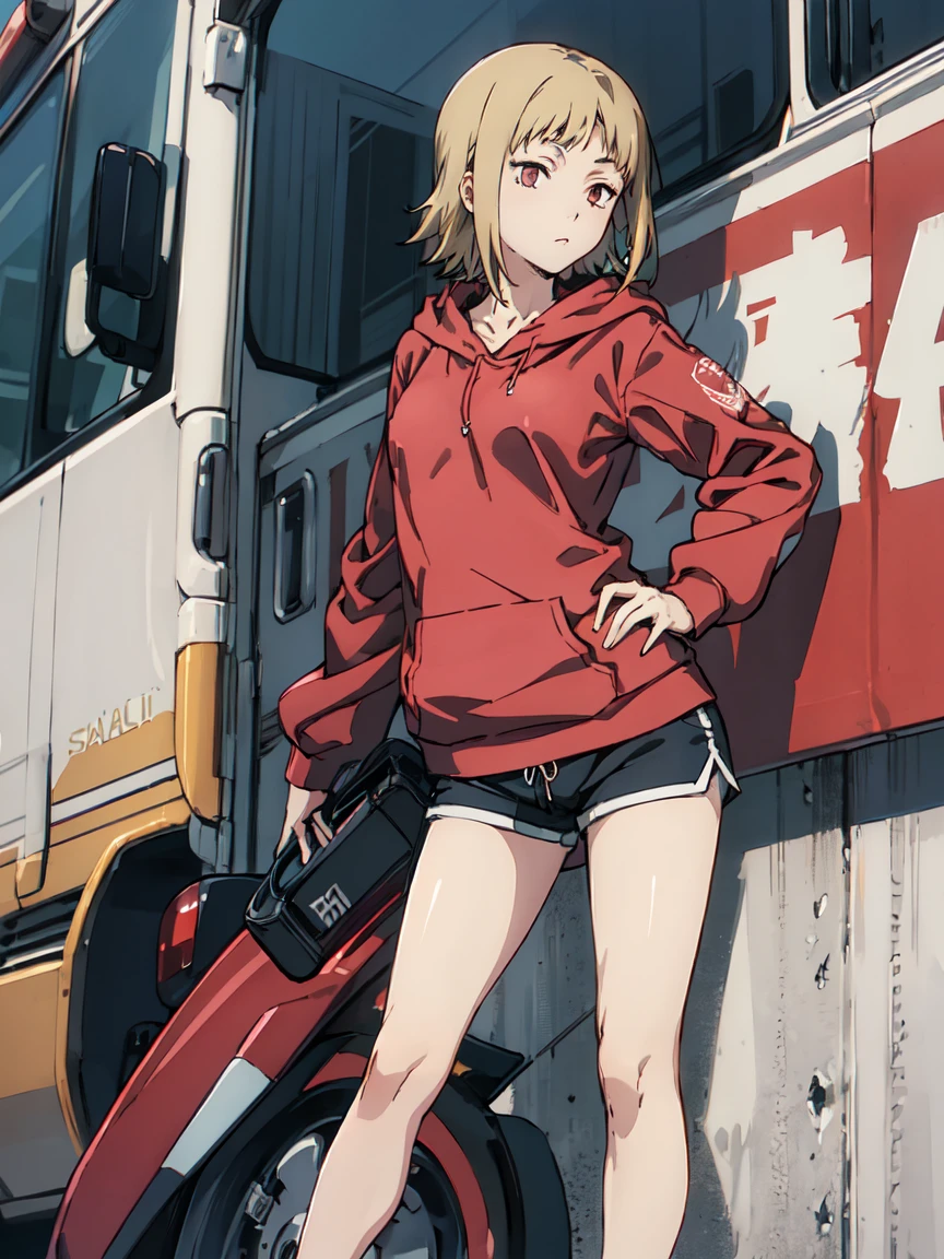 ((Highest quality)), ((masterpiece)), (be familiar with),Akane Sawatari,((Small breasts)),Pointy nipples,Tattoo of the uterus, Red hoodie,Shorts
