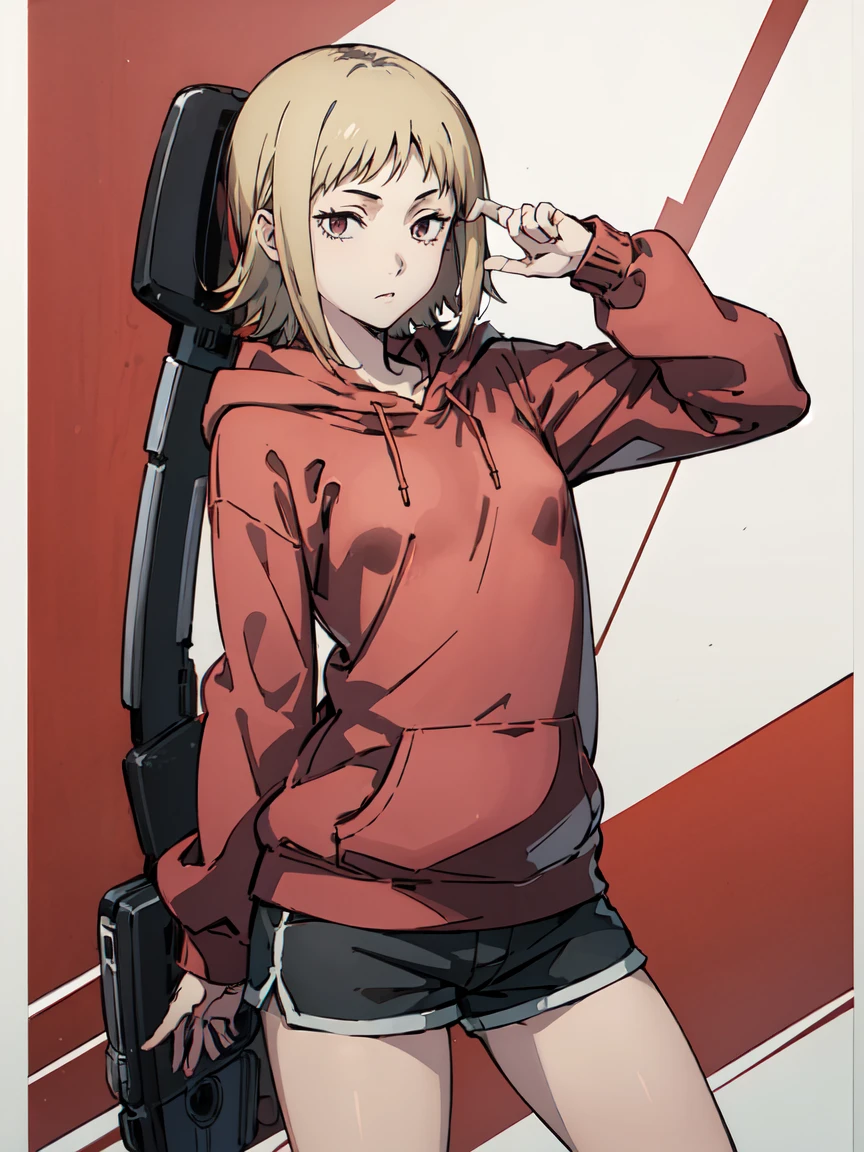 ((Highest quality)), ((masterpiece)), (be familiar with),Akane Sawatari,((Small breasts)),Pointy nipples,Tattoo of the uterus, Red hoodie,Shorts
