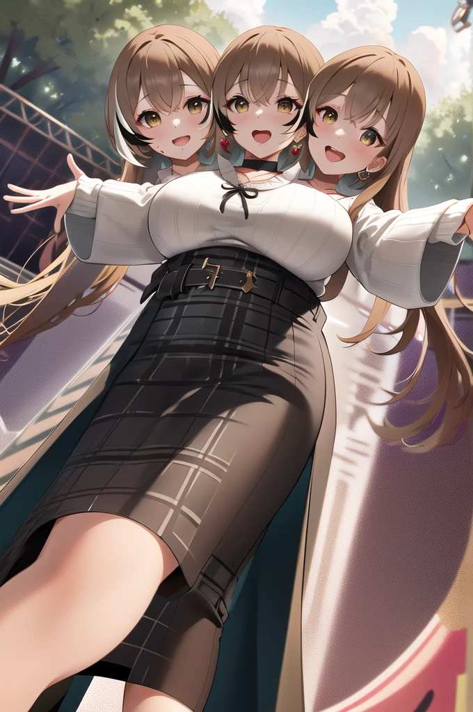 masterpiece, best quality, highres, bbmumei, long hair, multicolored hair, jewelry, earrings, shirt, sweater, long sleeves, plaid, black choker, black skirt, long skirt, amusement park, cowboy shot, standing, smile, open mouth, outstretched arm, (chubby:1.7), (2heads:1.5)