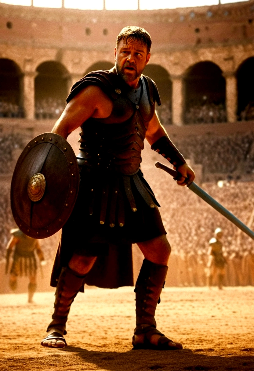 a highly detailed portrait of Russell Crowe as Maximus the Gladiator, muscular male figure in a Roman gladiator costume holding a sword in one hand and a shield in the other, standing in the center of the Roman Colosseum, dramatic lighting, cinematic composition, realistic render, chiaroscuro lighting, highly detailed facial features, intense expression, heroic pose, intricate costume details, dusty arena floor, stone architecture, crowd in the background, golden hour lighting, dramatic shadows, photorealistic, 8k, high resolution, cinematic style