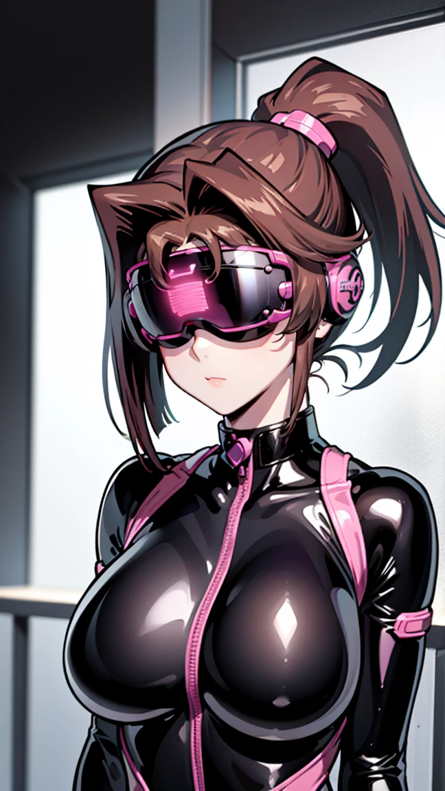 1 girl,NsfW,Helmet,(( brainwashing, visor)), wire, Kyoko Masaki,(Yu-Gi-Oh),ToDef,short hair, brown hair, hair ornament, high ponytail, ponytail,huge breasts, clavicle, Glowing purple eyes,absurdes, brainwashing,empty eyes, ((No expression,erasure of emotions)), (black latex tight bodysuit),look away , Whole body shape,(stand up, salute)(highest quality、4K、8K、High resolution、must have:1.2)、Super detailed、(reality、Realisticです、Realistic:1.37)、ticker、hyper HD、studio lighting、ultra definition paint、sharp focus、Physically based rendering、extreme details、Professional specifications、vibrancy and color、blurry、sports portrait、landscape、horror style、anime big breast、sf、photograph、concept artist、five fingers, perfect body,  {{{masterpiece}}}, {{{highest quality}}}, {{Super detailed}}, {shape}, {{very delicate and beautiful}},Improved cost performance、all roles、Canon 5D MK4でphotograph、photograph, 