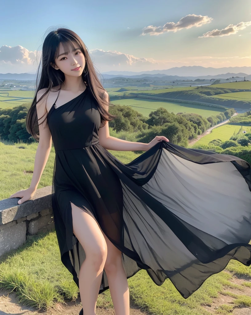 (Highest quality, 32k, High resolution, Masterpiece:1.5, ), marimo_jet, god々A photograph with brilliant brilliance and the power of nature., Expressing emotions, Have a rich imagination, Beautiful Japanese Girls, An exceptionally beautiful face, Small Face Beauty, ((Low-angle full-body shot:1.3)), Perfect Human Anatomy, Magical big eyes, Motherhood and generosity, Deep Love, fleeting smile, Shiny black hair, Beautiful super long hair swaying in the wind, Asymmetrical bangs, Hair between the eyes, Transparent, soft white skin, Sharp eyebrows, Thin lashes, Natural Makeup, Cheek highlighter, Pale pink detailed lips, (High-quality black dress:1.3), ((High resolutionの美しい太もも, Beautiful legs), ((Distant Horizon:1.5)), ((Rural scenery stretching to the horizon:1.3)), ((Overlooking the countryside from the plateau:1.3)), Beautifully detailed skies, Professional Photographer, Professional Lighting, Professional Model