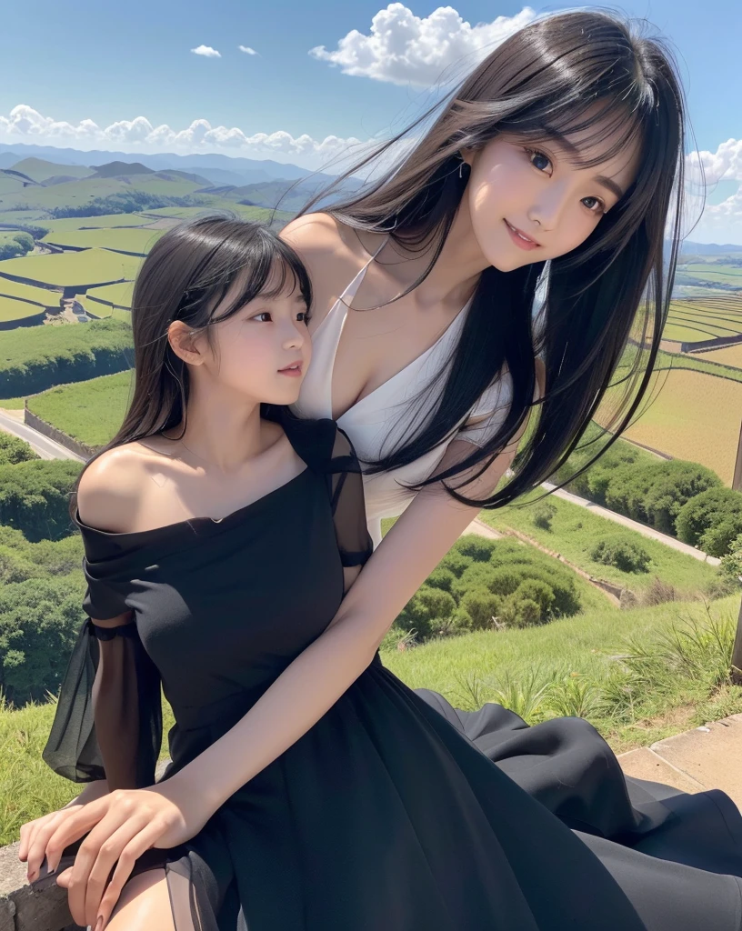 (Highest quality, 32k, High resolution, Masterpiece:1.5, ), marimo_jet, god々A photograph with brilliant brilliance and the power of nature., Expressing emotions, Have a rich imagination, Beautiful Japanese Girls, An exceptionally beautiful face, Small Face Beauty, ((Low-angle full-body shot:1.3)), Perfect Human Anatomy, Magical big eyes, Motherhood and generosity, Deep Love, fleeting smile, Shiny black hair, Beautiful super long hair swaying in the wind, Asymmetrical bangs, Hair between the eyes, Transparent, soft white skin, Sharp eyebrows, Thin lashes, Natural Makeup, Cheek highlighter, Pale pink detailed lips, (High-quality black dress:1.3), ((High resolutionの美しい太もも, Beautiful legs), ((Distant Horizon:1.5)), ((Rural scenery stretching to the horizon:1.3)), ((Overlooking the countryside from the plateau:1.3)), Beautifully detailed skies, Professional Photographer, Professional Lighting, Professional Model