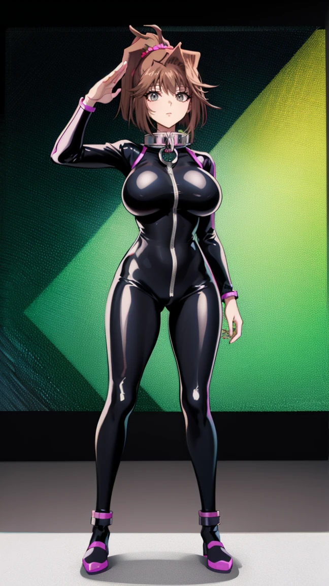 1 girl,NSFW,(((large mechanical collar))),  Kyoko Masaki,(Yu-Gi-Oh),AnzuDef,short hair, brown hair, hair ornament, high ponytail, ponytail,huge breasts, clavicle, Glowing purple eyes,absurd, brainwashing,empty eyes, ((No expression,erasure of emotions)), (black latex tight bodysuit),look away , full body figure,((stand up, salute)), (highest quality、4k、8K、High resolution、must have:1.2)、Super detailed、(reality、reality的なです、reality的な:1.37)、ticker、hyper hd、studio lighting、ultra definition paint、sharp focus、Physically based rendering、extreme details、Professional specifications、vibrancy and color、blurry、sports portrait、landscape、horror style、anime big breast、SF、photograph、concept artist、five fingers, perfect body,  {{{masterpiece}}}, {{{highest quality}}}, {{Super detailed}}, {shape}, {{very delicate and beautiful}},Improved cost performance、all roles、Canon 5D MK4でphotograph、photograph, 