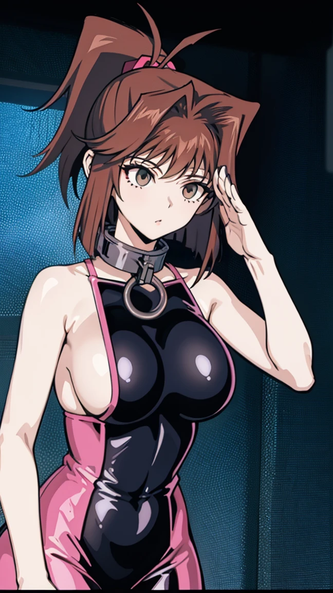 1 girl,NSFW,(((large mechanical collar))), Kyoko Masaki,(Yu-Gi-Oh),AnzuDef,short hair, brown hair, hair ornament, high ponytail, ponytail,huge , clavicle, Glowing purple eyes,absurd, brainwashing,empty eyes, ((No expression,erasure of emotions)), (black latex tight bodysuit),look away , full body figure,((stand up, salute)), (highest quality、4k、8K、High resolution、must have:1.2)、Supetailed、(reality、reality的なです、reality的な:1.37)、ticker、hyper hd、studio lighting、ultra definition paint、sharp focus、Physically based rendering、extreme details、Professional specifications、vibrancy and color、blurry、sports portrait、landscape、horror style、anime big breast、h、concept artist、five fingers, perfect body, {{{masterpiece}}}, {{{highest quality}}}, {{Super detailed}}, {shape}, {{very delicate and beautiful}},Improved cost performance、all roles、Canon 5D MK4でphotograph、photograph,