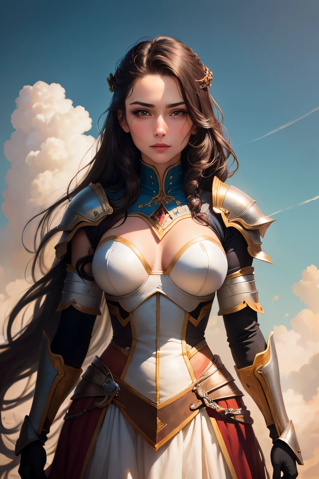 masterpiece, best quality, (extremely detailed CG unity 8k wallpaper), (best quality), (best illustration), (best shadow), The warrior amazonian girl stands tall in the center of a vast, open plain. She is tall and muscular, with a powerful and athletic build. Her skin is a rich, warm bronze color, and her hair is long and wild, flowing down her back in thick, dark waves. She wears a suit of bikini gold armor, with intricate designs etched into the metal. The armor wraps around her body, emphasizing her curves and strength. Her left arm is covered in a golden gauntlet, with sharp, pointed edges.

In her right hand, she holds a long, curved sword, its blade glinting in the sunlight. The sword is decorated with intricate designs and patterns, and its grip is wrapped in soft, supple leather. She holds the sword with confidence and ease, her arm held high and her grip firm.

Behind her, the open plain stretches out as far as the eye can see, with rolling hills and distant mountains. In the distance, you can see a small village, with thatched roofs and wooden huts. The sky overhead is clear and bright, with a warm, golden light that bathes the warrior girl in a soft glow.

The girl’s expression is fierce and determined, her eyes bright and focused. She is ready for anything, prepared to defend her people and her land with all of her strength and skill. Despite her formidable appearance, there is a sense of grace and beauty to her, a reminder that even in the midst of battle and conflict, there is still room for elegance and refinement.