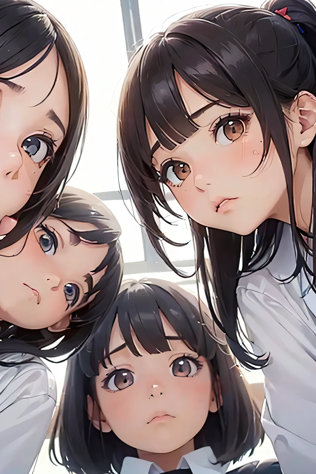 Highest quality、High resolution、Detailed Background、(Beautiful face in every detail:1.4)、Anatomically correct、Detailed facial expressions、age beauty、Highly detailed face、(Huge breasts:1.2)、cute hair color、Bobcut、ponytail、cute hairstyle、well-groomed eyebrows、Perfect body line、School classroom、JK Uniform、(A shot from below of three beautiful girls looking at you with troubled expressions:1.5)、Close up from below、Look at me with a confused look、cute、Panty Shot