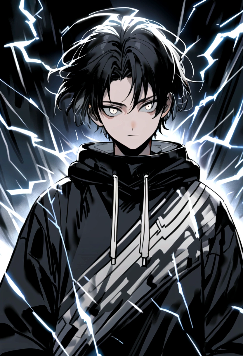 Man  Long black hair black and white sweatshirt with electricity on his body