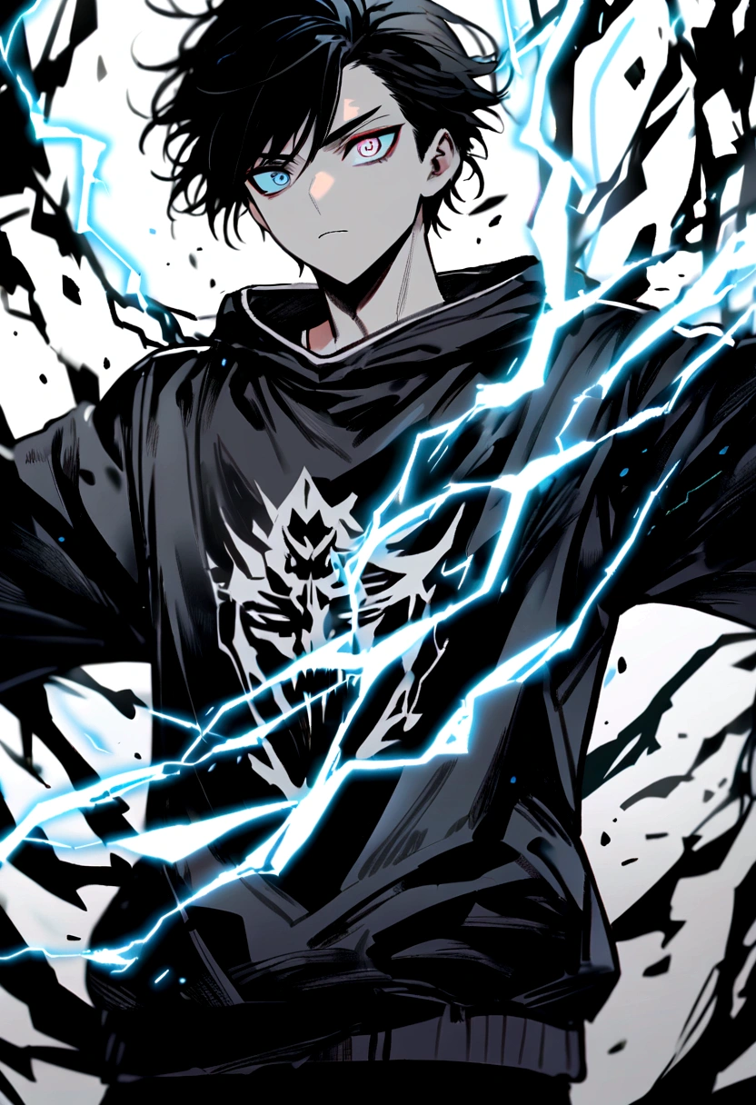 Man 17 years old Long black hair black and white sweatshirt with electricity on his body