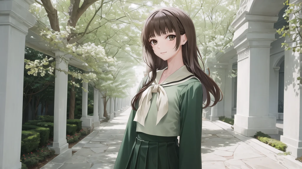 16 years old, masterpiece, Highest quality, High resolution, aayoshino, Slender figure, Sickly, White Rose, Long Hair, Twin Blade, Brown eyes, Hair that falls over the shoulders, , Sailor collar, neckerchief, Green Shirt, One piece sailor shirt, Long sleeve, Green Skirt, Long skirt, Are standing, Cowboy Shot, Outdoor, White Rose庭園, Person on the right, Shining Face