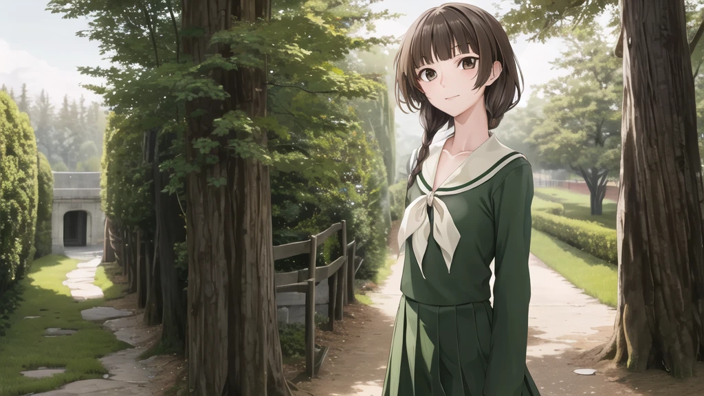 16 years old, masterpiece, Highest quality, High resolution, aayoshino, Slender figure, Sickly, White Rose, Long Hair, Twin Blade, Brown eyes, Hair that falls over the shoulders, , Sailor collar, neckerchief, Green Shirt, One piece sailor shirt, Long sleeve, Green Skirt, Long skirt, Are standing, Cowboy Shot, Outdoor, White Rose庭園, Person on the right, Shining Face