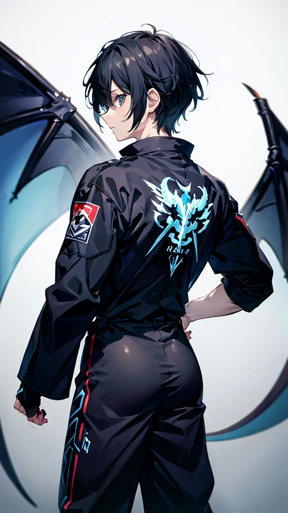 profile background, anime boy, serious face, black hair, grey eyes, martial arts clothing, with a blue dragon behind, high-res portrait, detailed eyes and face, character, fantasy, advanced urban, looking from behind at viewer, 4K, high resolution