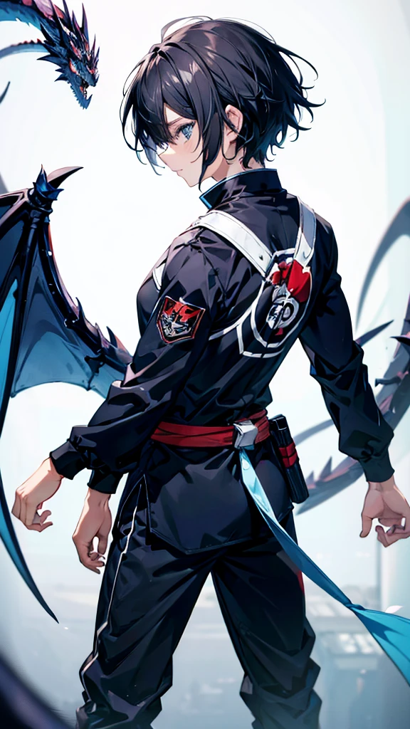 profile background, anime boy, serious face, black hair, grey eyes, martial arts clothing, with a blue dragon behind, high-res portrait, detailed eyes and face, character, fantasy, advanced urban, looking from behind at viewer, 4K, high resolution