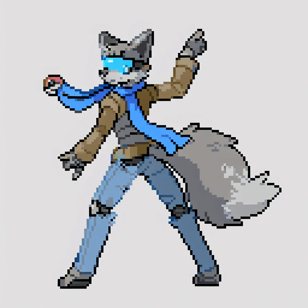 canid, canine, canis, mammal, mythological_canine, were, werecanid, werecanine, dog, robot_dog, metal_body, metal_fur, grey_nose, blue_visor, blue_scarf, brown_jacket, ripped_jeans, pointing_forward, holding_pokéball, pose, male, fingers, fluffy, fluffy_tail, fur, thin_anthro, full_body, solo, digital_media_(artwork), hi_res, masterpiece,