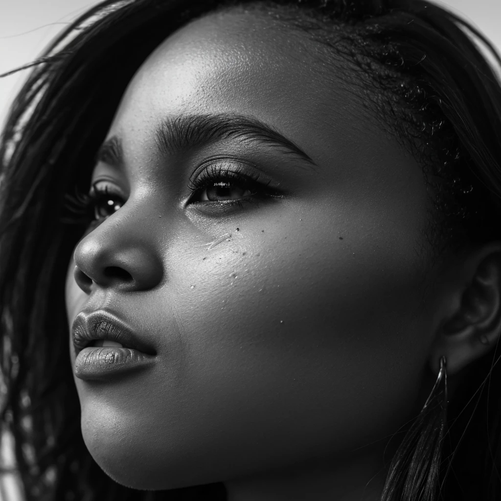 close up and zoomed in on a beautiful depressed emotional sad crying black girl with crying a single teardrop running down her face and a black background, sad, depressed, emotinoal, close up on side profile only showing cheek and eyelight falling on face, noir photorealism, mysterious portrait of a woman, chiaroscuro portrait, close up on side profile, tinashe, zoe kravitz, zoomed in on tear drop, euphoria vibes, tears, crying, black and white, dark