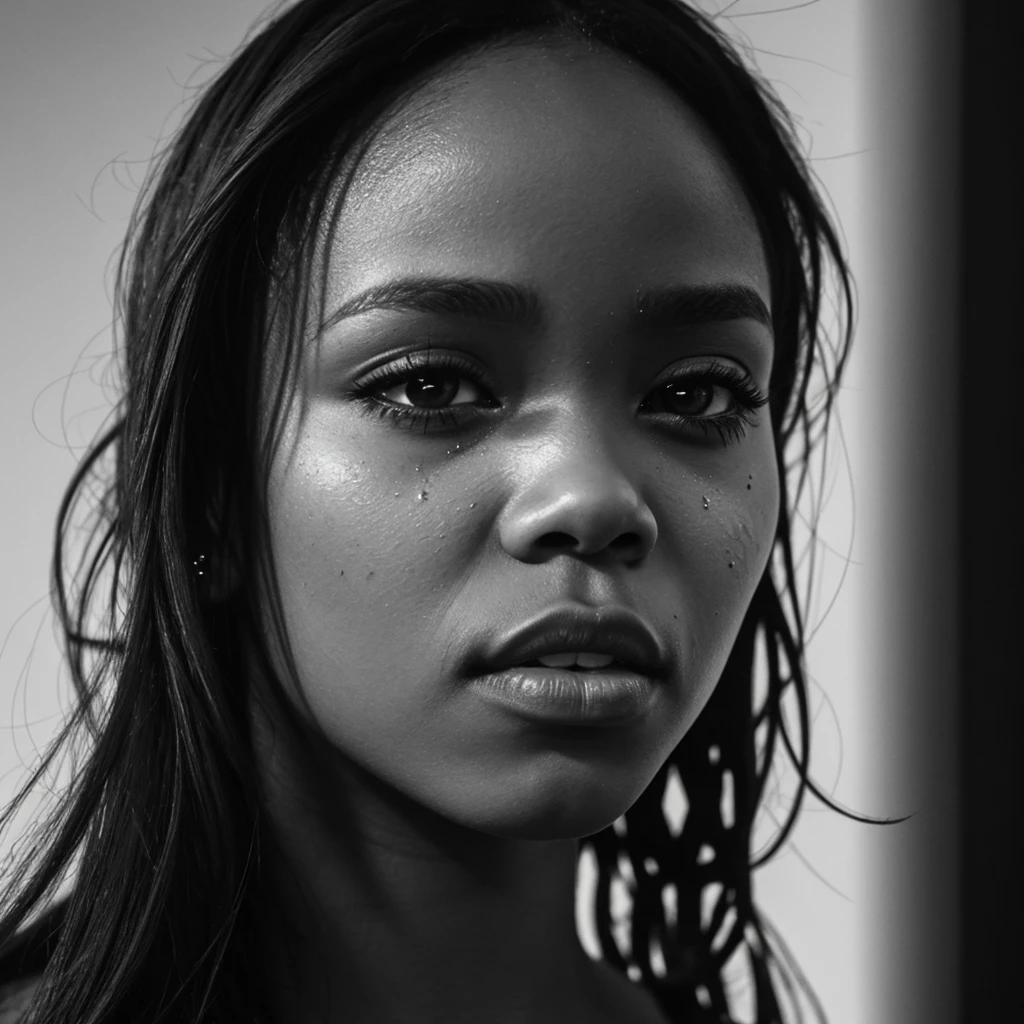 close up and zoomed in on a beautiful depressed emotional sad crying black girl with crying a single teardrop running down her face and a black background, sad, depressed, emotinoal, close up on side profile only showing cheek and eyelight falling on face, noir photorealism, mysterious portrait of a woman, chiaroscuro portrait, close up on side profile, tinashe, zoe kravitz, zoomed in on tear drop, euphoria vibes, tears, crying, black and white, dark