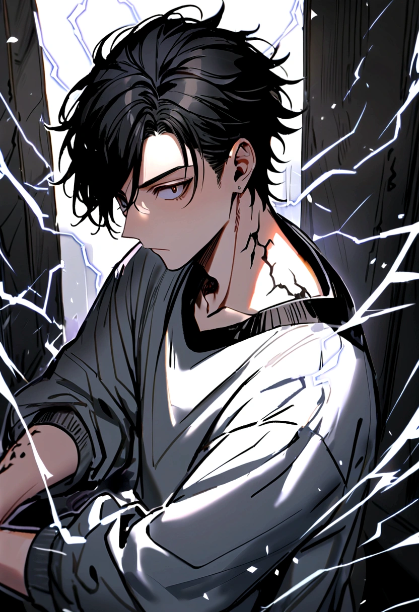 Man Long black hair black and white sweatshirt with electricity on his body