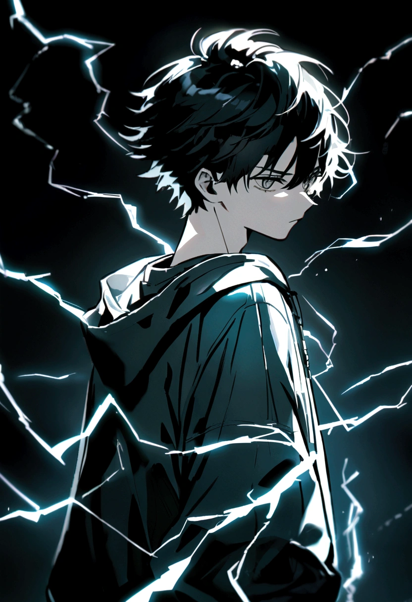Man 17 years old Long black hair black and white sweatshirt with electricity on his body