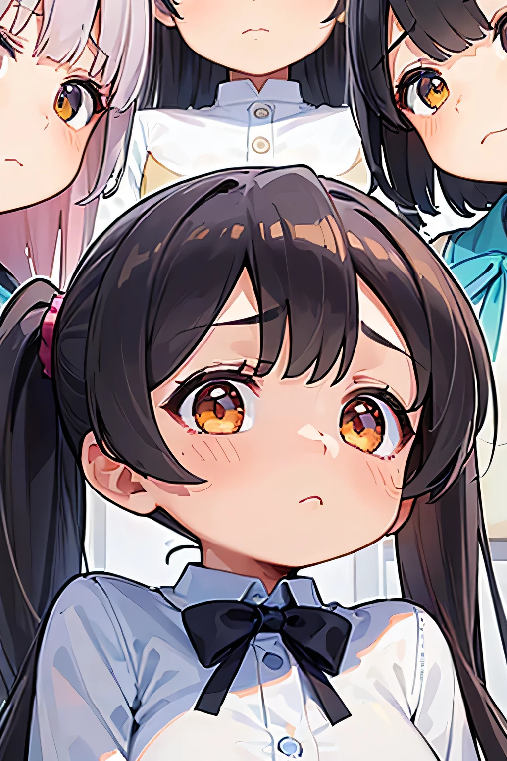 Highest quality、High resolution、Detailed Background、(Beautiful face in every detail:1.4)、Anatomically correct、Detailed facial expressions、age beauty、Highly detailed face、(Huge breasts:1.2)、cute hair color、Bobcut、ponytail、cute hairstyle、well-groomed eyebrows、Perfect body line、School classroom、JK Uniform、(A shot from below of three beautiful girls looking at you with troubled expressions:1.5)、Close up from below、Look at me with a confused look、cute、Panty Shot