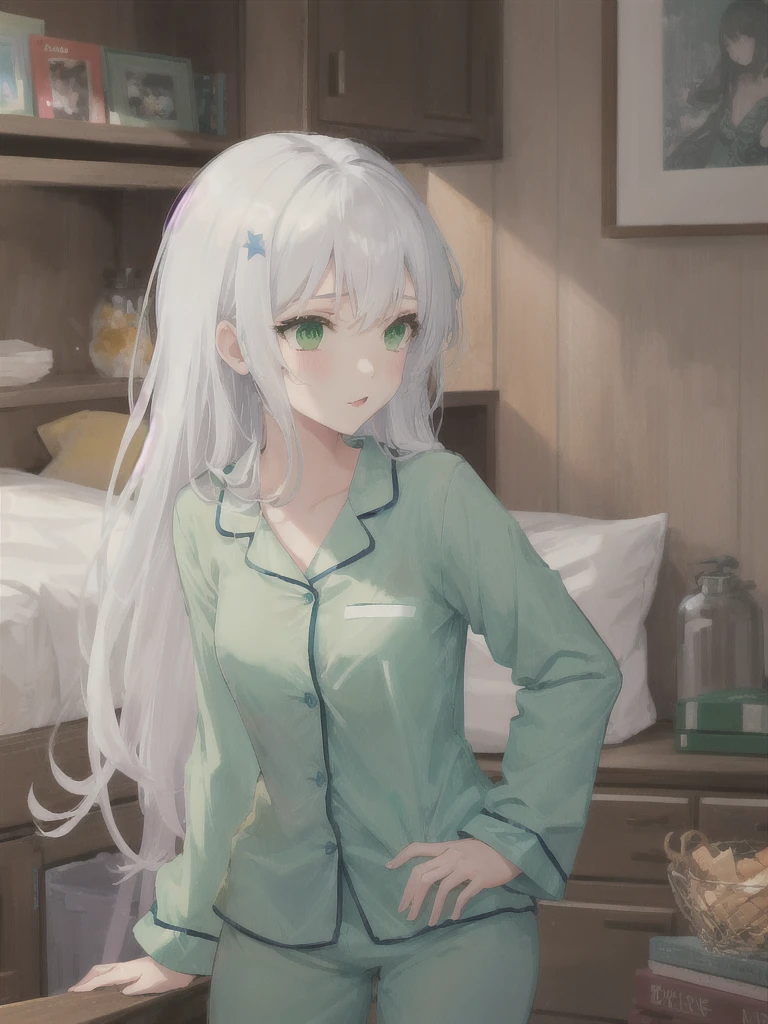 1girl, white long hair, green eyes, short pijamas, sexy, Bellybutton, buttocks