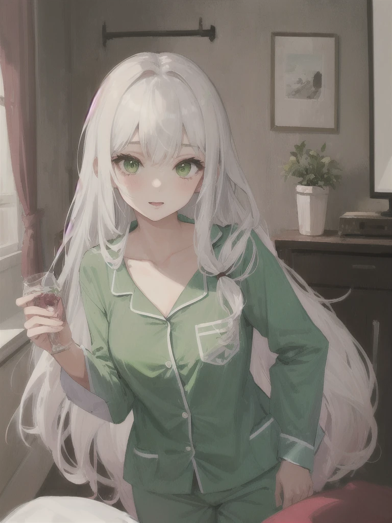 1girl, white long hair, green eyes, green pijamas, sexy,