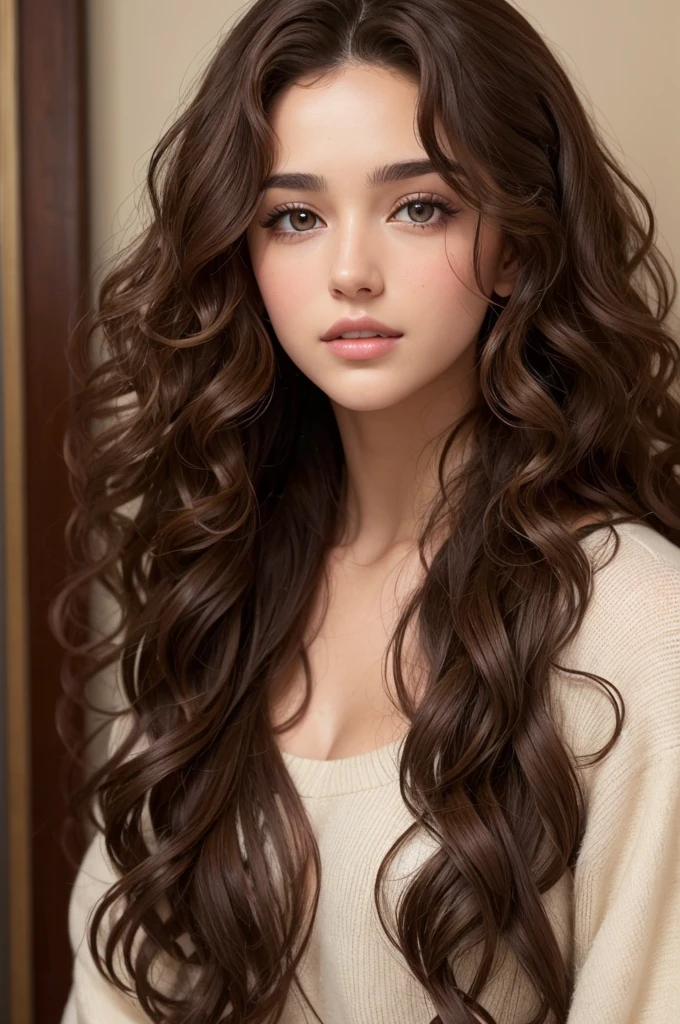 Brown eyes, very curly hair, very curly, very beautiful brunette who looks like Jesus