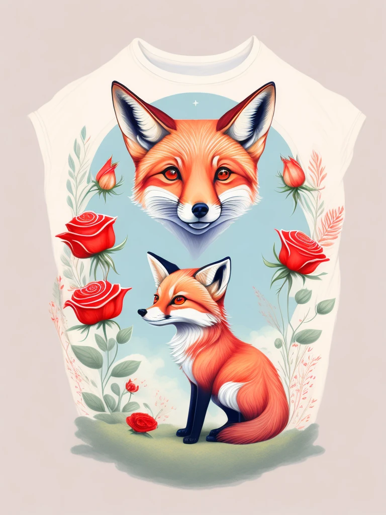 red fox, red fox and rose, little Prince, t shirt design, rzminjornada, vectorial art, White background