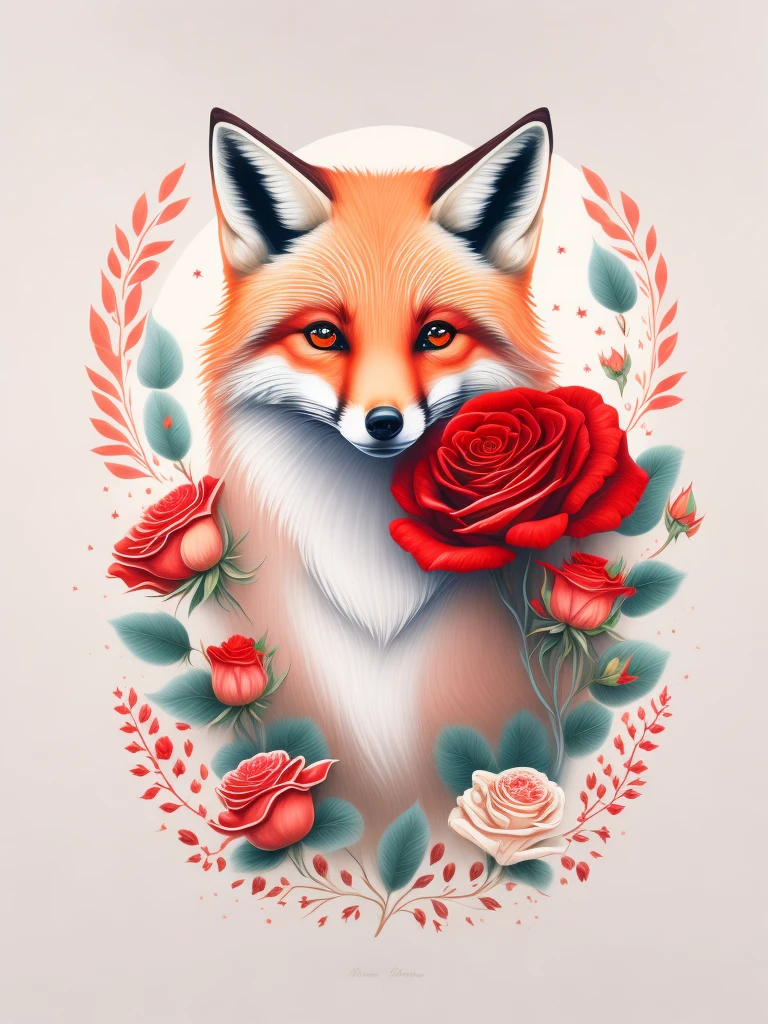 red fox, red fox and rose, little Prince, t shirt design, rzminjornada, vectorial art, White background