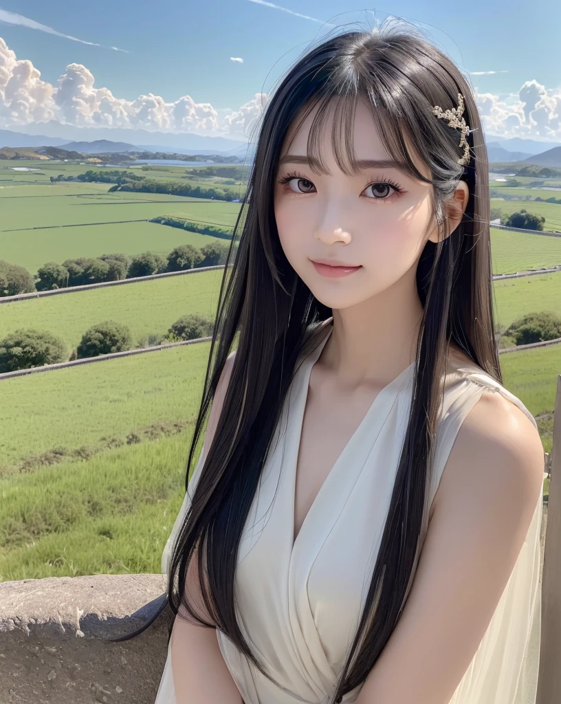 (Highest quality, 32k, High resolution, Masterpiece:1.5, ), marimo_jet, god々A photograph with brilliant brilliance and the power of nature., Expressing emotions, Have a rich imagination, Beautiful Japanese Girls, An exceptionally beautiful face, Small Face Beauty, Perfect Human Anatomy, Magical big eyes, Motherhood and generosity, Deep Love, fleeting smile, Shiny black hair, Beautiful super long hair swaying in the wind, Asymmetrical bangs, Hair between the eyes, Transparent, soft white skin, Sharp eyebrows, Thin lashes, Natural Makeup, Cheek highlighter, Pale pink detailed lips, (High-quality black dress:1.3), ((High resolutionの美しい太もも, Beautiful legs), ((Distant Horizon:1.5)), ((Rural scenery stretching to the horizon:1.3)), ((Overlooking the countryside from the plateau:1.3)), Beautifully detailed skies, Professional Photographer, Professional Lighting, Professional Model