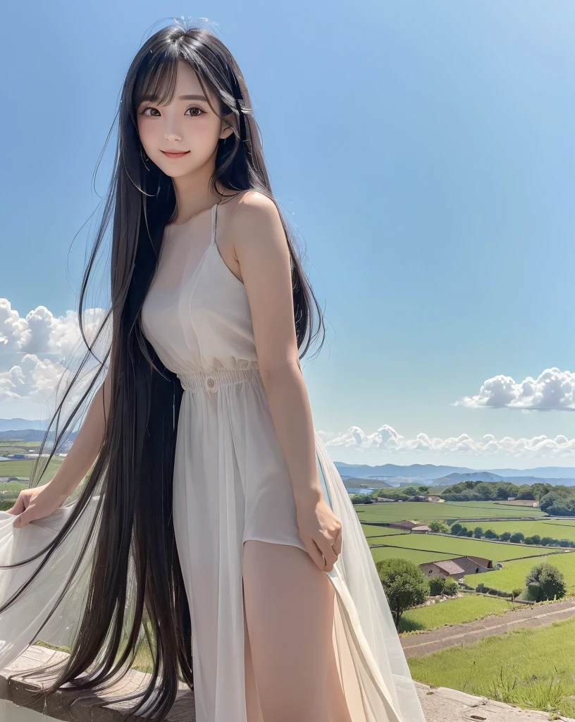 (Highest quality, 32k, High resolution, Masterpiece:1.5, ), marimo_jet, god々A photograph with brilliant brilliance and the power of nature., Expressing emotions, Have a rich imagination, Beautiful Japanese Girls, An exceptionally beautiful face, Small Face Beauty, Perfect Human Anatomy, Magical big eyes, Motherhood and generosity, Deep Love, fleeting smile, Shiny black hair, Beautiful super long hair swaying in the wind, Asymmetrical bangs, Hair between the eyes, Transparent, soft white skin, Sharp eyebrows, Thin lashes, Natural Makeup, Cheek highlighter, Pale pink detailed lips, (High-quality black dress:1.3), ((High resolutionの美しい太もも, Beautiful legs), ((Distant Horizon:1.5)), ((Rural scenery stretching to the horizon:1.3)), ((Overlooking the countryside from the plateau:1.3)), Beautifully detailed skies, Professional Photographer, Professional Lighting, Professional Model