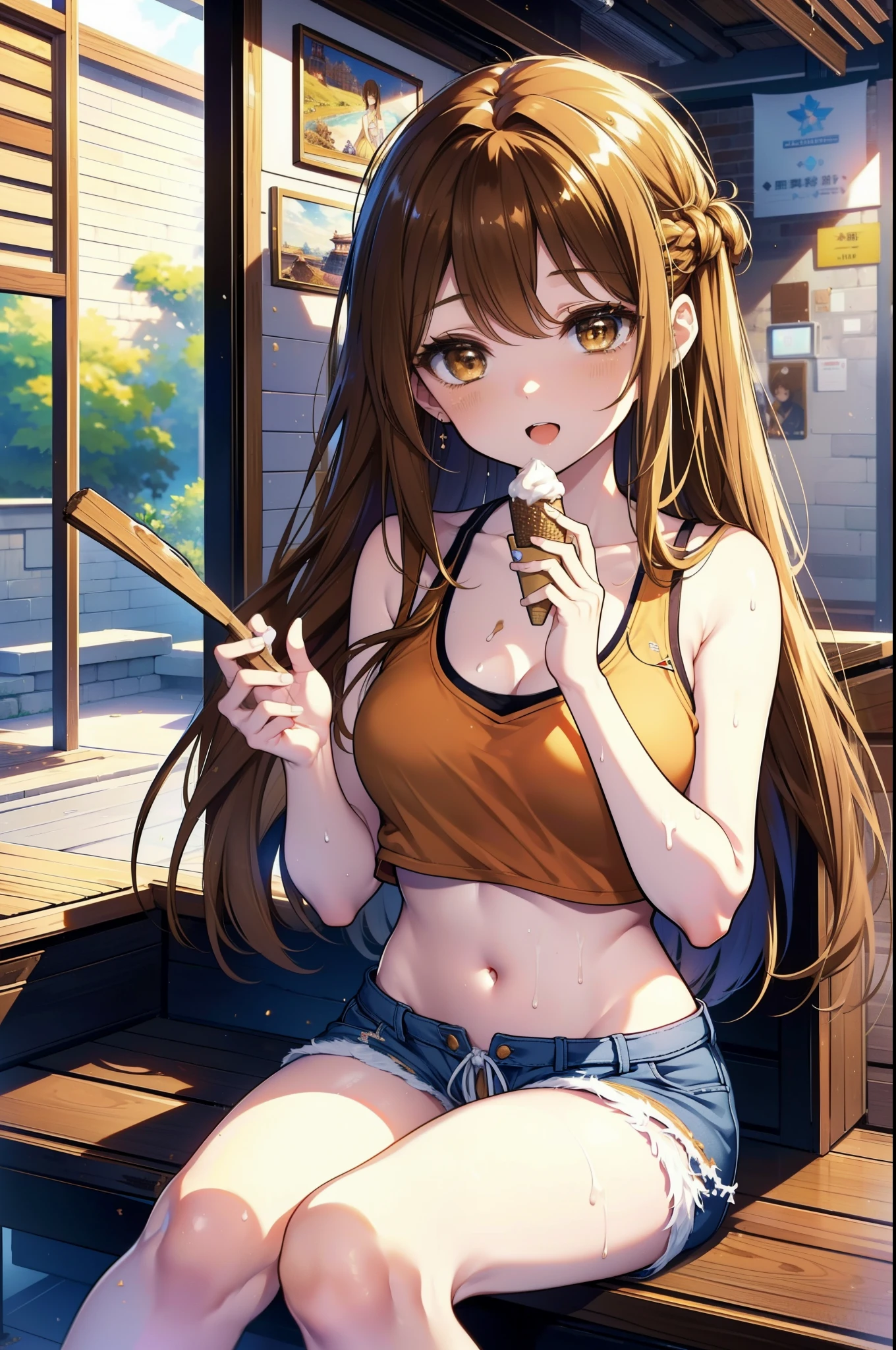 a sun ayuuki, a sun a yuuki, Long Hair, Brown Hair, (Brown eyes:1.8), Sweat,濡れたTank top,Tank top,Belly button,happy smile, smile, Open your mouth,Shorts,barefoot,Sitting on the sofa,Holding an ice cream in one hand,noon,Clear skies,
Break indoors,room,
壊す looking at viewer,Systemic
break (masterpiece:1.2), Highest quality, High resolution, unity 8k wallpaper, (shape:0.8), (Fine and beautiful eyes:1.6), Highly detailed face, Perfect lighting, Highly detailed CG, (Perfect hands, Perfect Anatomy),