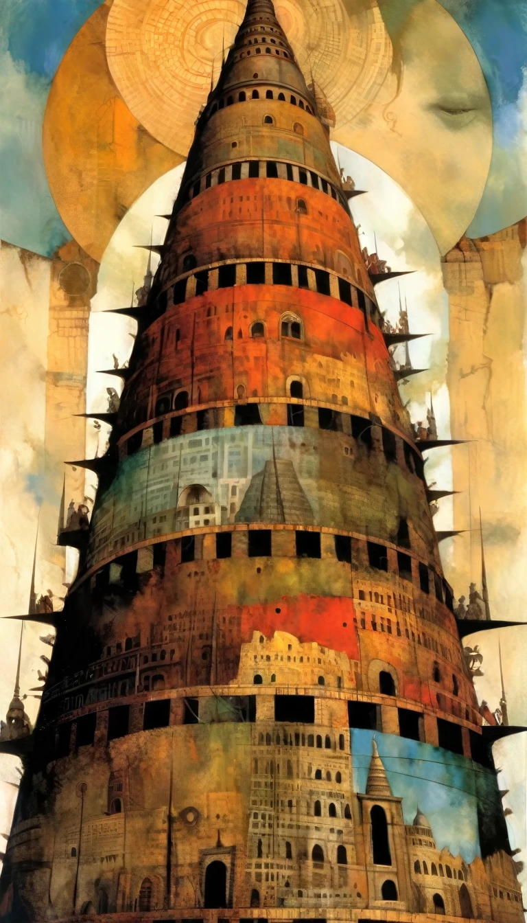 Tower of Babel, art inspired in Dave mcKean, oil painted
