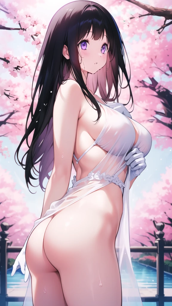 Amazing Chitanda, There is only one beautiful girl,Purple Eyes, Black Hair, Very red face,Very white skin,Glowing skin,Skin as delicate as porcelain,Naturally straight hair, Straight bangs,Extremely refined,Open lips,Long flowing hair,Beautiful Girl, Like a dream,Slim,Slim waist,Soft, (Sensual), (Kawaii), Dream quality,Beautiful big breasts,Sheer loose dress,Areola,Completely naked,Lower edge of breast,White gloves,Flower decoration,Deep V neckline,Loose neckline,White lace-up,Wide neckline,Walking in school,Place your hands on your inner thighs,Thighs clamp hands,Wet skin,Sweaty and sweaty,Sweating all over,it is raining,Next to the cherry blossom trees,Back to,Lean over,Hips,Side body,Gluteal groove,Completely naked的臀部,Bare back,Completely naked的背部,Light transmission,(no pants),nopan,pussy juice,Bare shoulders,There are no shoulder straps,Bare neck,Exposed collarbone,Exposing breasts,Exposing breasts侧面,Exposing breasts下面,Show your waist,Show your buttocks,Show your thighs,Exposing the groin,(No pants),extremely shy,Ultra-high resolution, (masterpiece:1.2, best quality), (Delicate and beautiful eyes: 1.2), (Beautiful and delicate face)