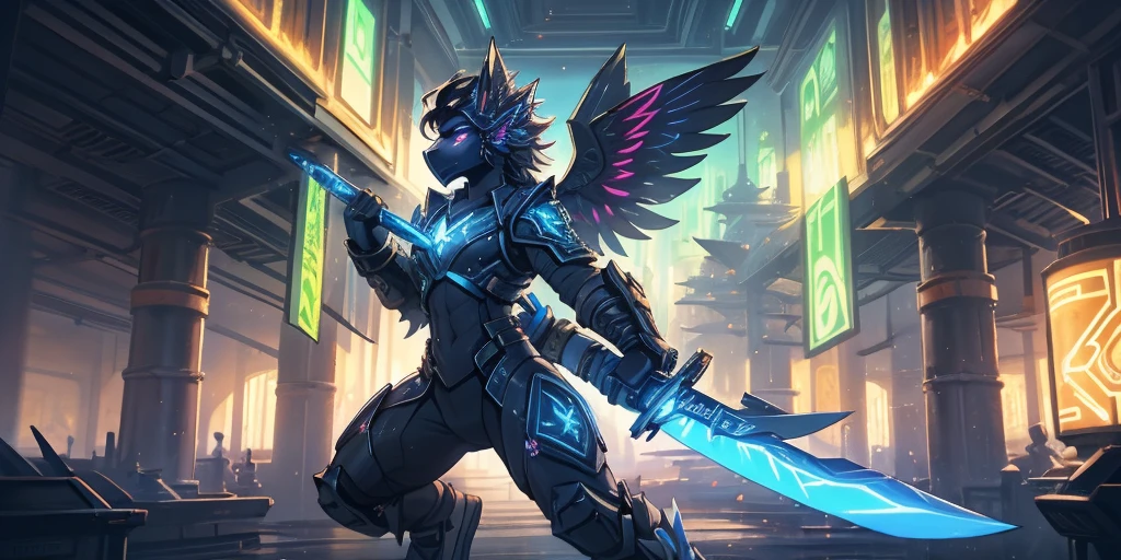 warrior in hummingbird armor, with face with glowing magic tattoos, green neon details, with technological medieval armor with glowing magic marks, full body, hummingbird beak sword with glowing magic marks. Epic scene, wide and deep scenery, with several depth planes, stylish and dynamic pose. In the middle of a retro atompunk magical metropolis, mixing technology and greenery, buildings with neon details and glowing magical vegetation.