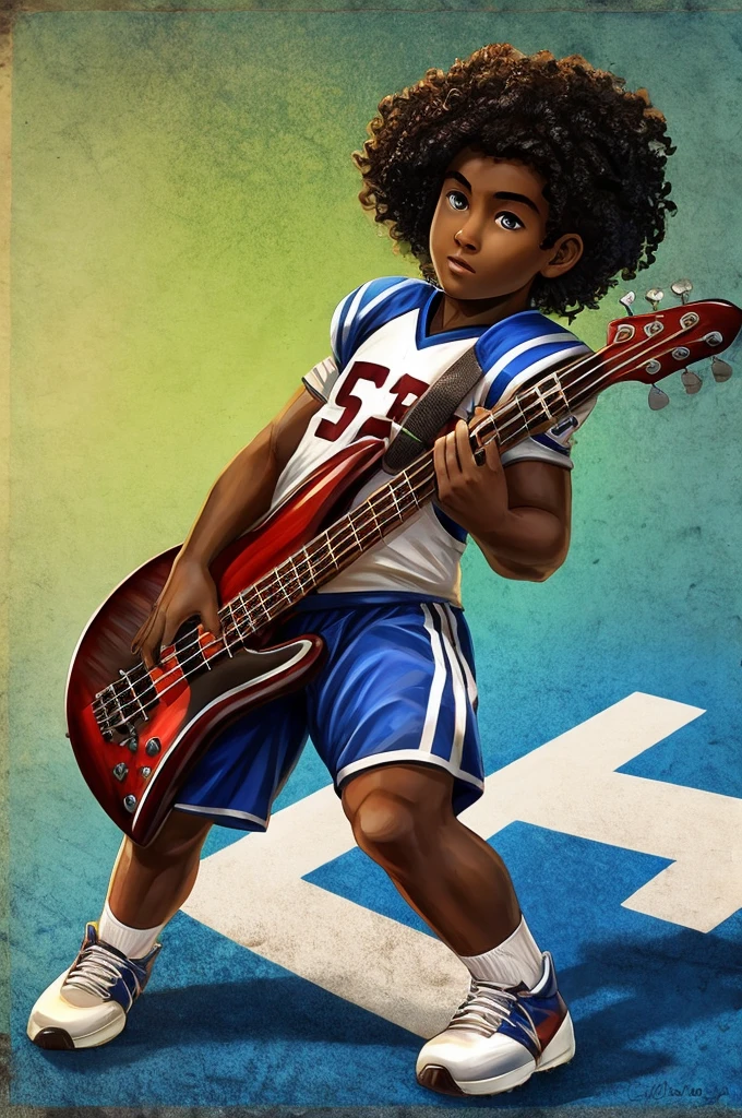 dark-skinned, adolescent,bass guitar, curly hair,football player,