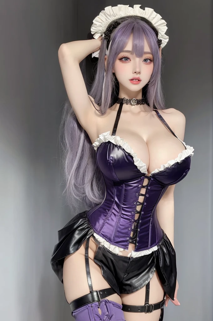 Beautiful sexy seductive slutty woman with perfect figure:1.4,Layered straight Hair Style,sexy for,accentuated super huge enormously gigantic breasts with deep cleavage and potruding nipple:1.5, leather corset thigh high boots and mini thong with lots of straps buckles and zippers,Highly Detailed Face and Skin Textur,double eyelid,Whitening Skin,((Long purple hair:1.2))