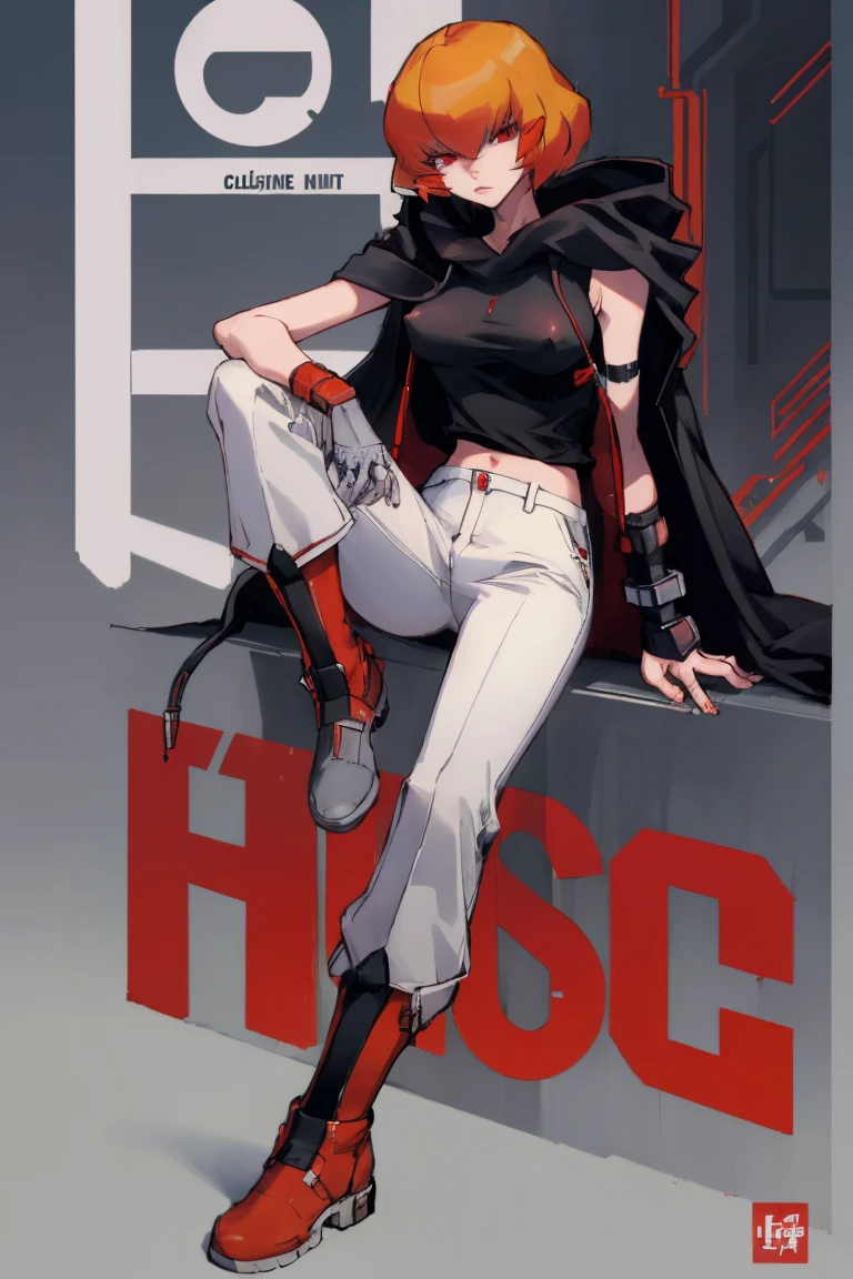 ((Highest quality)), ((masterpiece)), (be familiar with),Clementine,Erect nipples, Red eyes,Sleeveless hoodie,Black Shirt,White pants,Alluring,whole body,boots,coat,cyber punk,sf