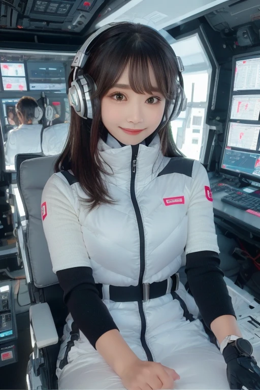 masterpiece, Highest quality, Very detailed, 8K Portrait,Japanese Android Girl,plump , Control panel,Robotic arms and legs, Blunt bangs,,break (Metallic Gray, Metallic luster, Mirror finish, Astro Best):5,headphone:5,break (Black sleeves):100,Smart Watches,Futuristic space station,Control Room,break headphone,blue eyes,(Black Hair):2,(Long Hair):1.3,Displaying the viewer,(respirator),break blush:3,Hidden Hand,smile