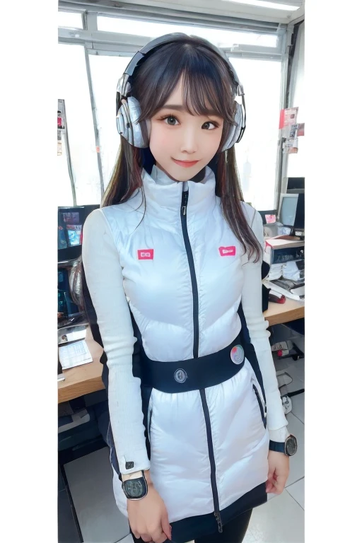 masterpiece, Highest quality, Very detailed, 8K Portrait,Japanese Android Girl,plump , Control panel,Robotic arms and legs, Blunt bangs,,break (Metallic Gray, Metallic luster, Mirror finish, Astro Best):5,headphone:5,break (Black sleeves):100,Smart Watches,Futuristic space station,Control Room,break headphone,blue eyes,(Black Hair):2,(Long Hair):1.3,Displaying the viewer,(respirator),break blush:3,Hidden Hand,smile